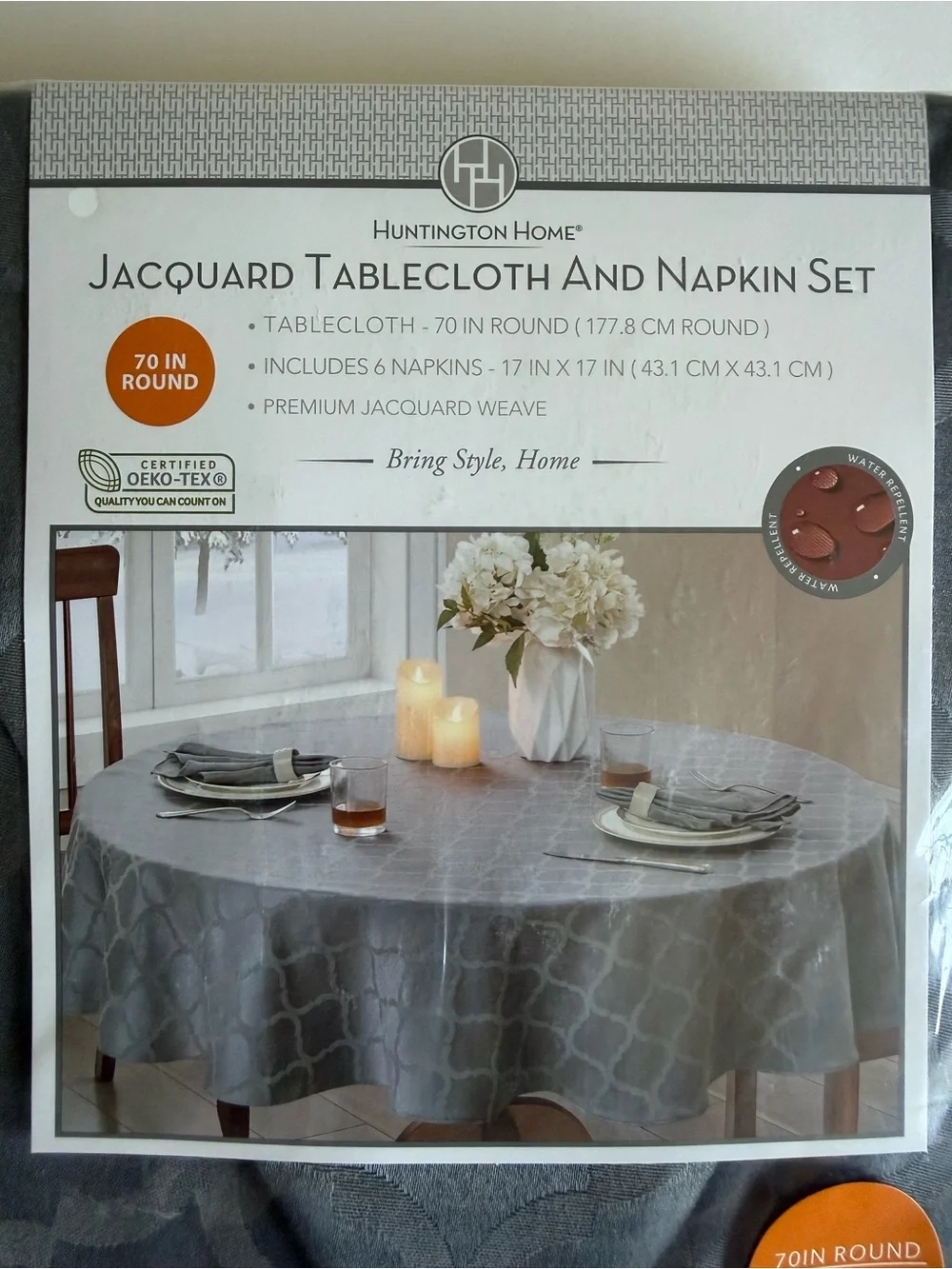 Huntington Home Gray Jacquard 70” Tablecloth & 6 Napkin Set Modern Farmhouse NIP
